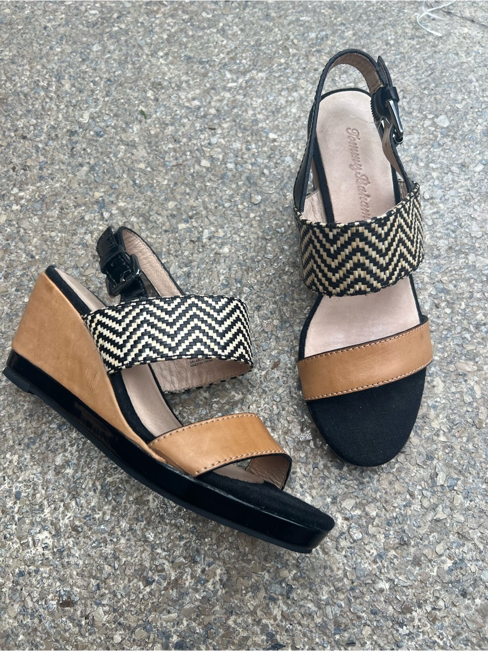 Tommy Bahama Black, Tan and Cream Chevron Wedge Sandals